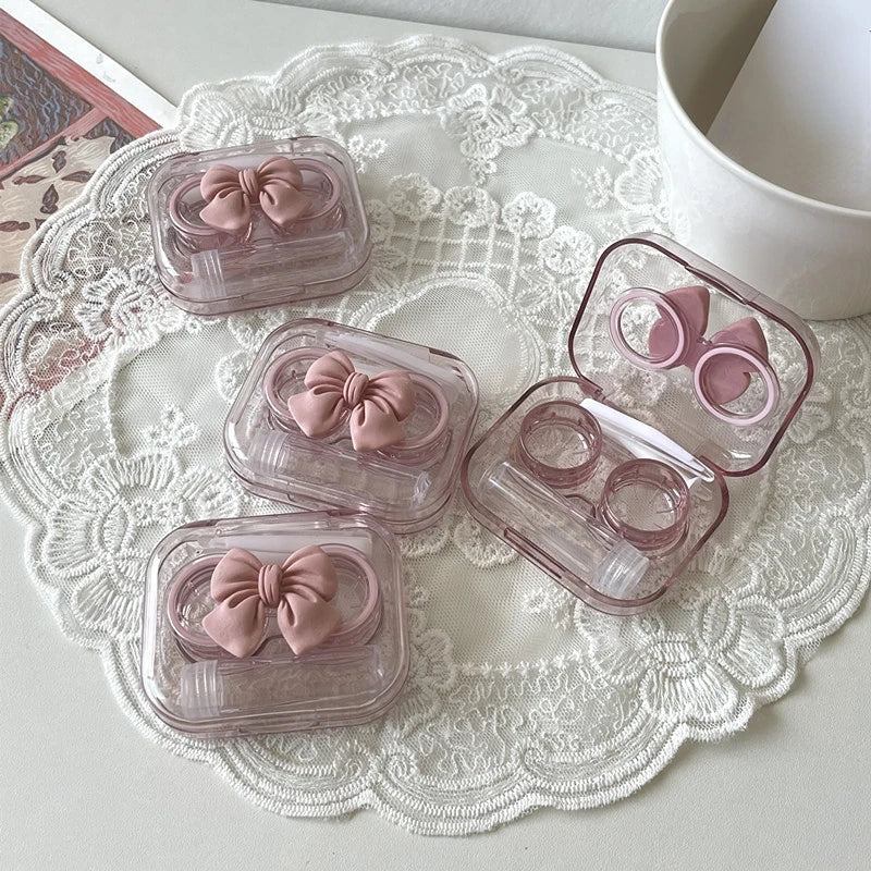 Pink Transparent Love Bow Contact Lens Case Girl Portable Beauty Pupil Box Contact Lens Cases Eye Care Tool Storage Container