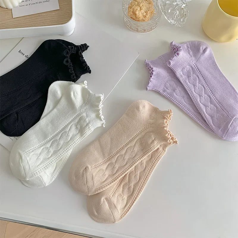 Pink Purple Women Short Socks JK Lolita Kawaii Cute Ruffle Socks Cotton Thin Breathable Low Cut Ankle Boat Socks Sox Sweet Girls