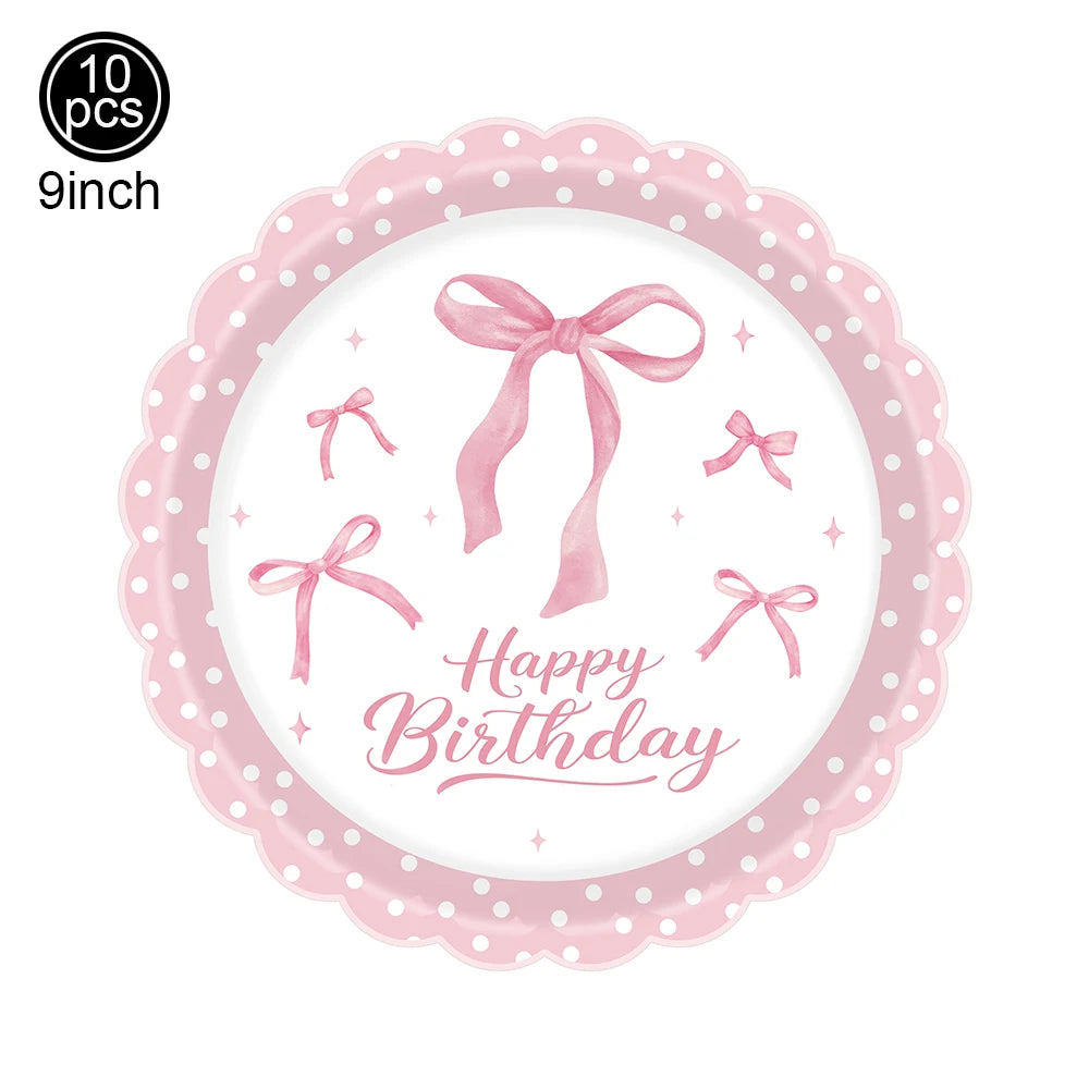 Pink Bow Birthday Party Decorations Girls Birthday Decor Banner Balloons Bow Napinks Plate Cup Pink Bow Theme Tableware Supplies