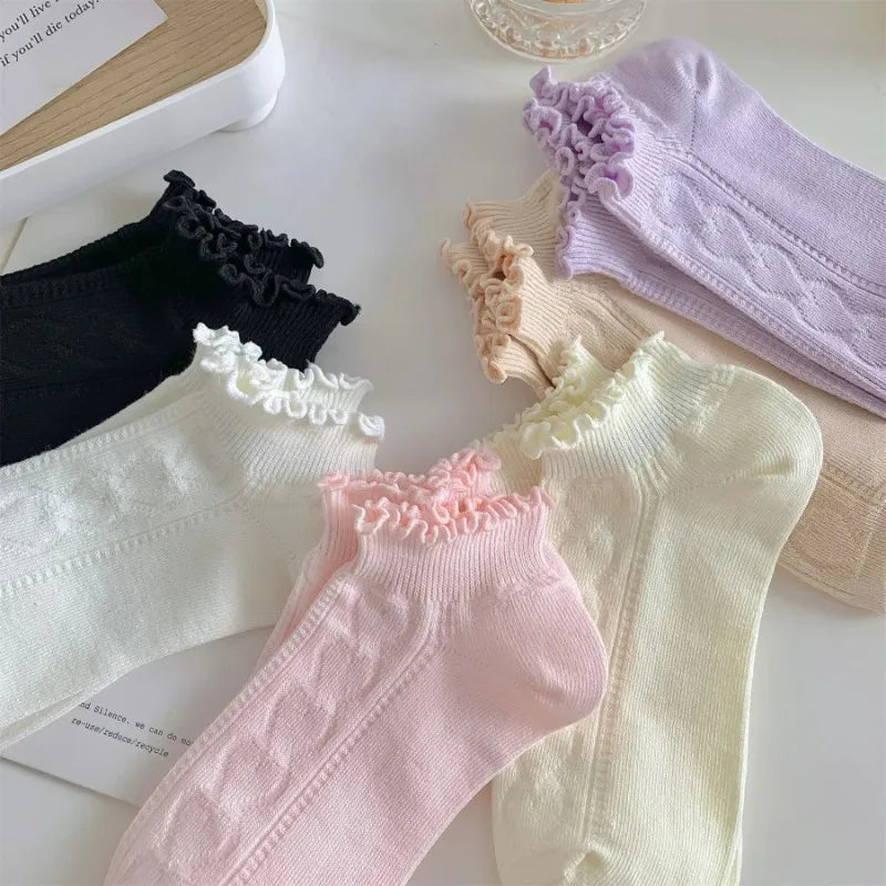 Pink Purple Women Short Socks JK Lolita Kawaii Cute Ruffle Socks Cotton Thin Breathable Low Cut Ankle Boat Socks Sox Sweet Girls