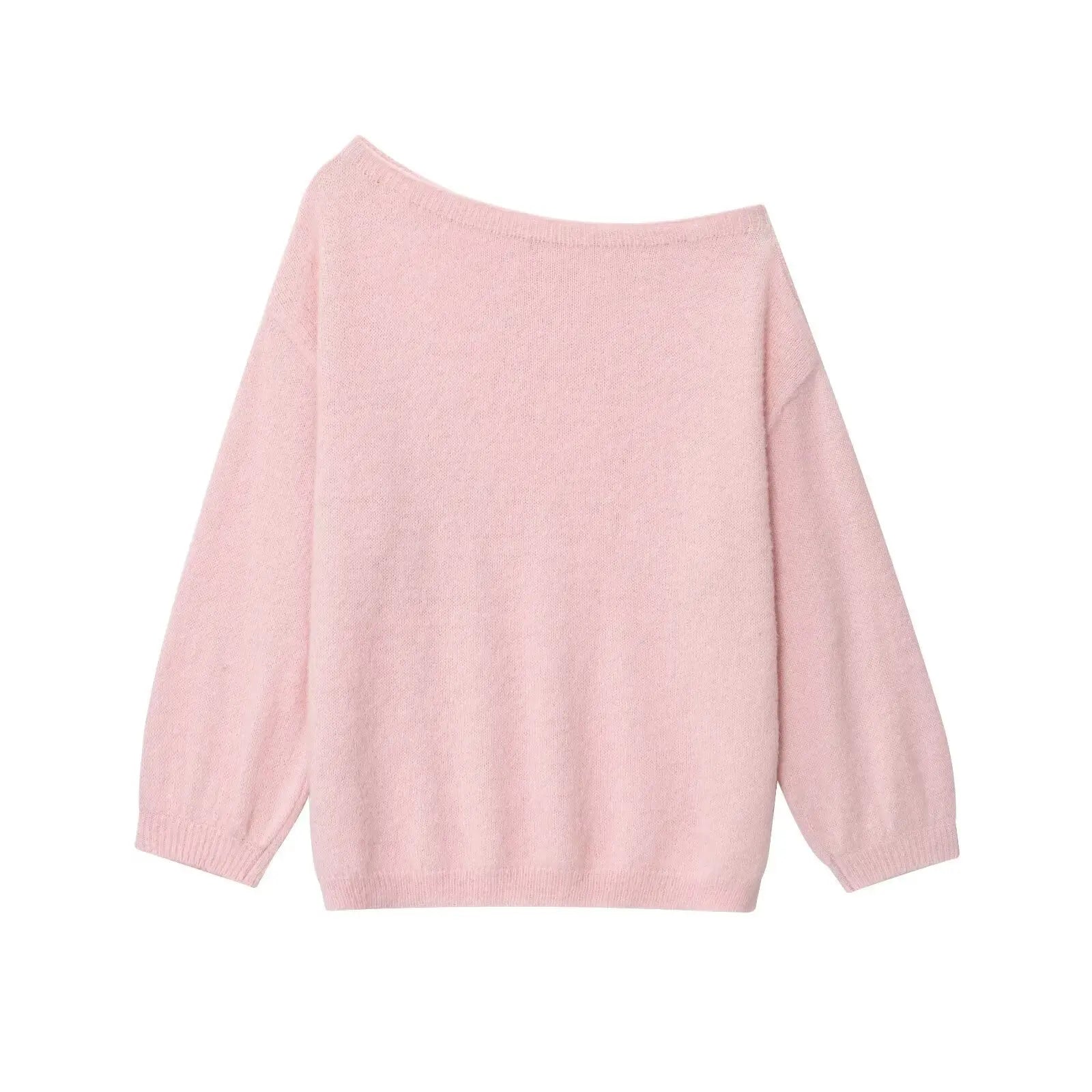 Pink Loose Pullover Sweater Women Autumn New Skew Collar Long Sleeve Knitted Sweaters Sweet Casual Fashion Simple Jumpers Tops