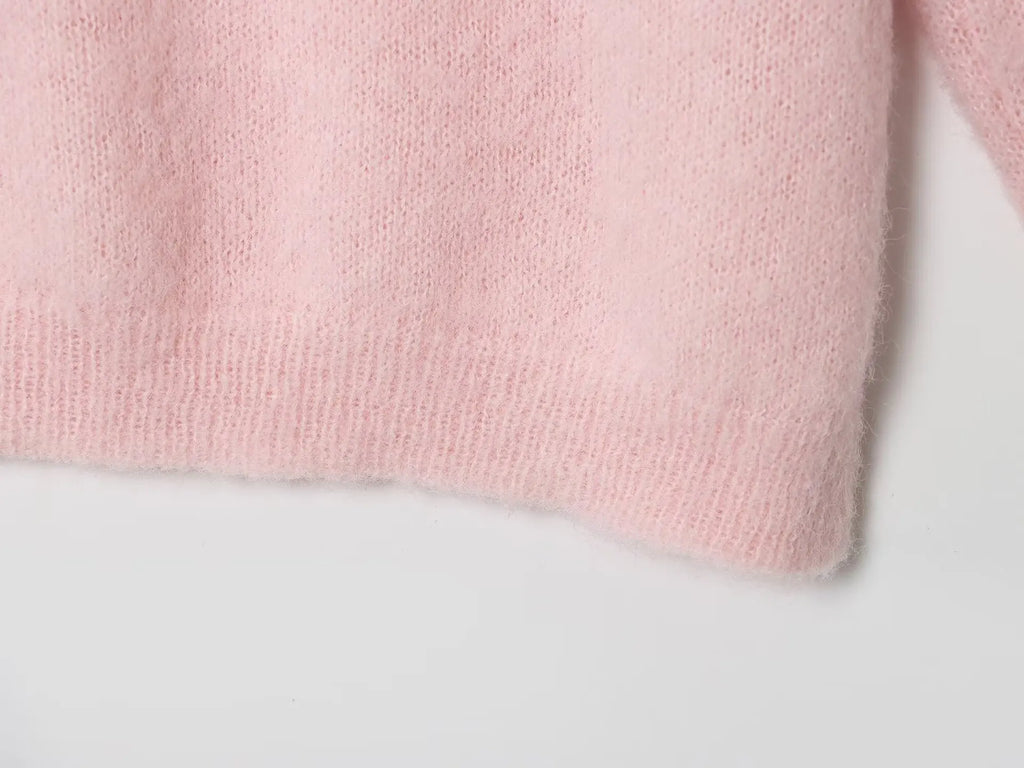 Pink Loose Pullover Sweater Women Autumn New Skew Collar Long Sleeve Knitted Sweaters Sweet Casual Fashion Simple Jumpers Tops
