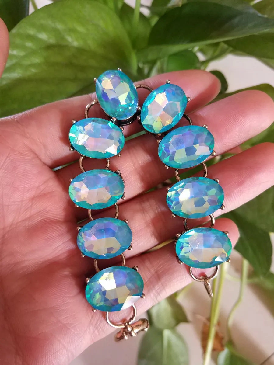 Pink AB Colored Oval Dot Crystal Bracelet Bangle Fashion Big Chunky Statement Glass Stone Jewelry for Women