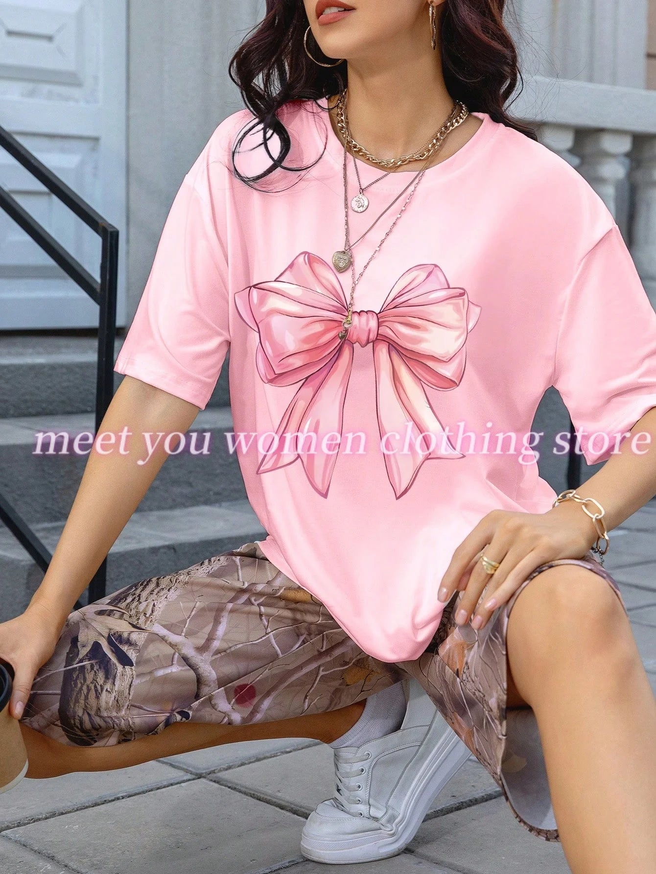 Pink Bow Tie  Print Pink T-shirt Women Summer Retro American style Casual Short Sleeve  Girl  Tops  Streetwear Sexy Tees