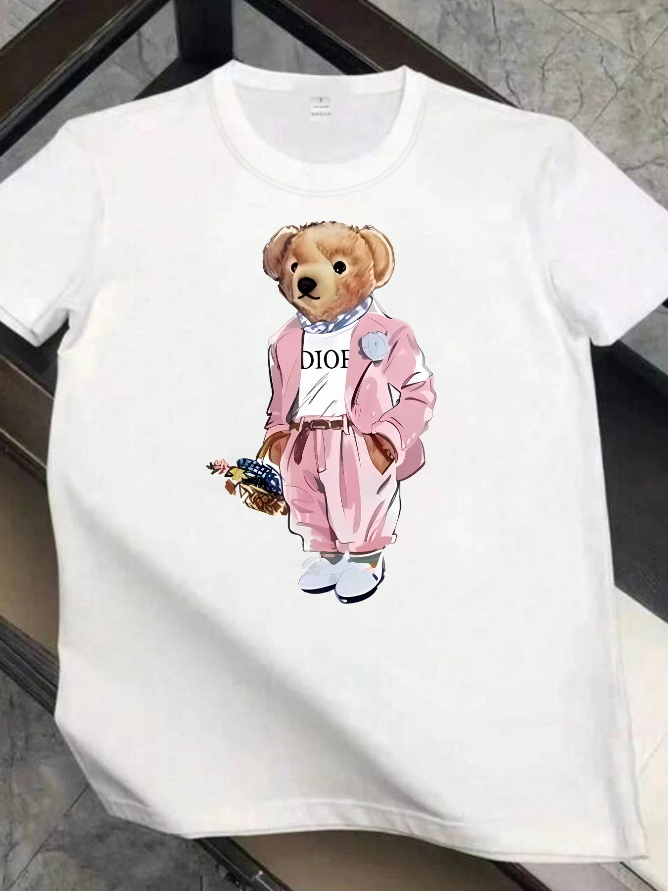 Pink dress bear pattern round neck women T-shirt short sleeve fashion print half sleeve shirt stretch T-shirt