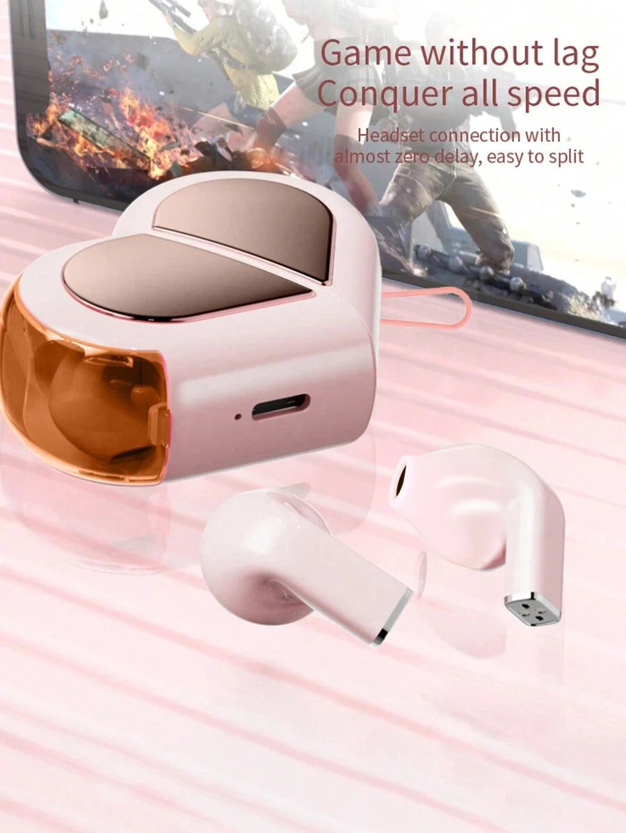 Pink Heart Wireless Earbuds for Girls Cute Small Earphones Hifi Stereo Sound Bluetooth Headsets Touch Control Gaming Handphones