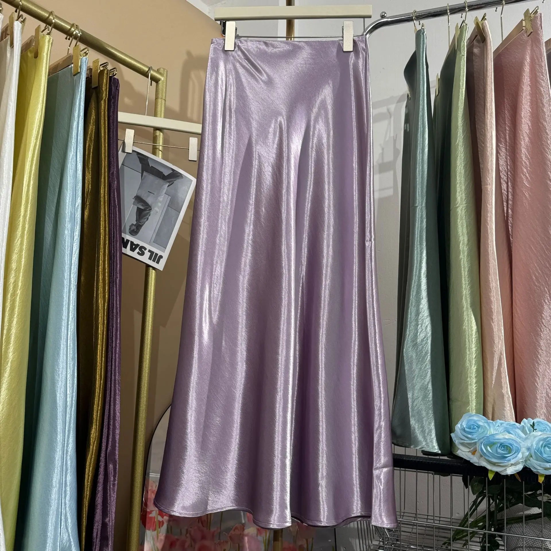 19 Colors 2026 New In Women Spring Summer Gloss Satin Long Skirts Female Fashion Elegant High Waist Faldas