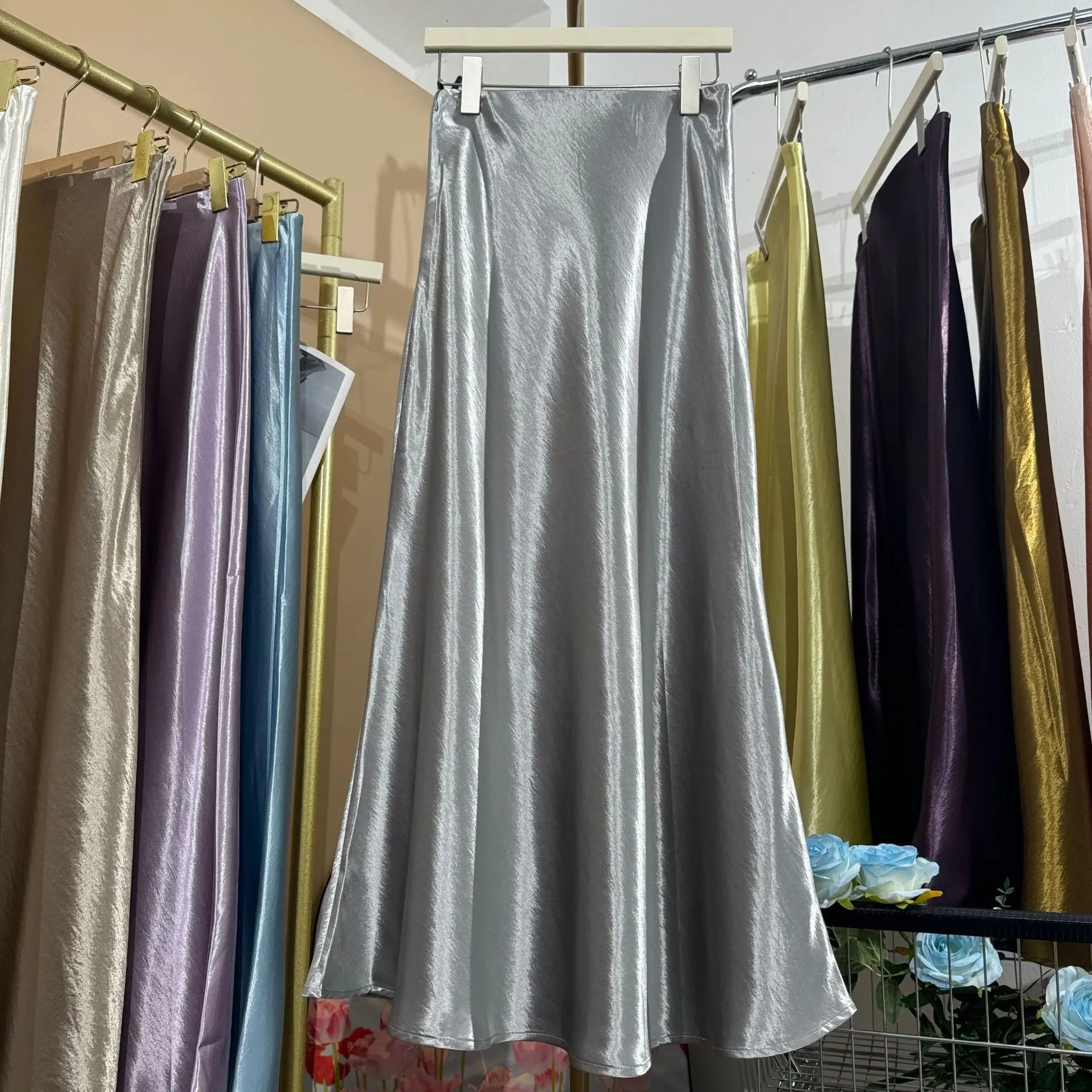 19 Colors 2026 New In Women Spring Summer Gloss Satin Long Skirts Female Fashion Elegant High Waist Faldas