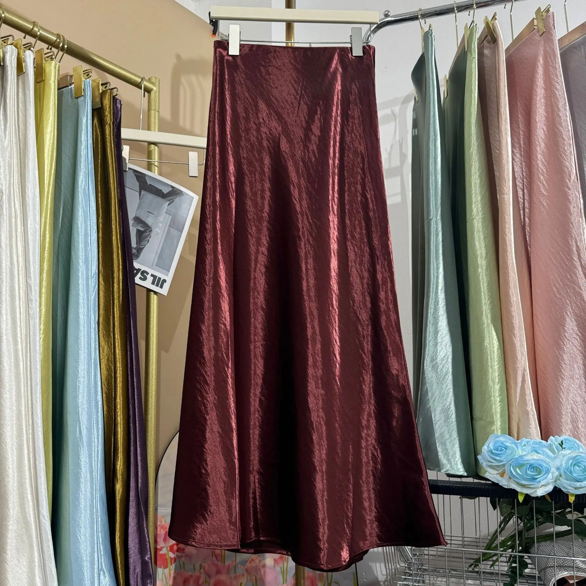 19 Colors 2026 New In Women Spring Summer Gloss Satin Long Skirts Female Fashion Elegant High Waist Faldas