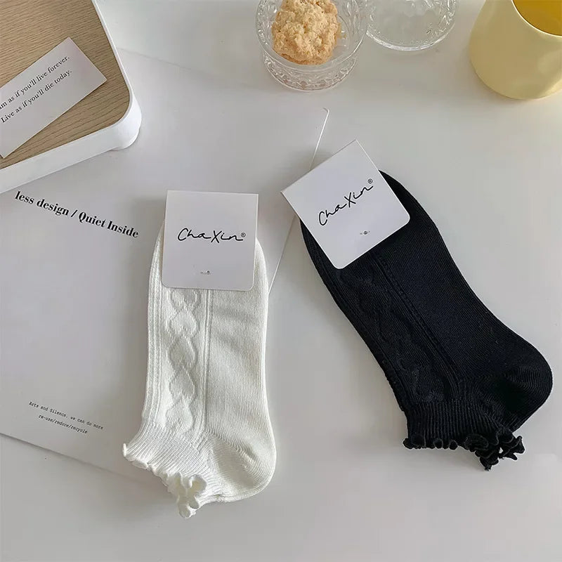 Pink Purple Women Short Socks JK Lolita Kawaii Cute Ruffle Socks Cotton Thin Breathable Low Cut Ankle Boat Socks Sox Sweet Girls