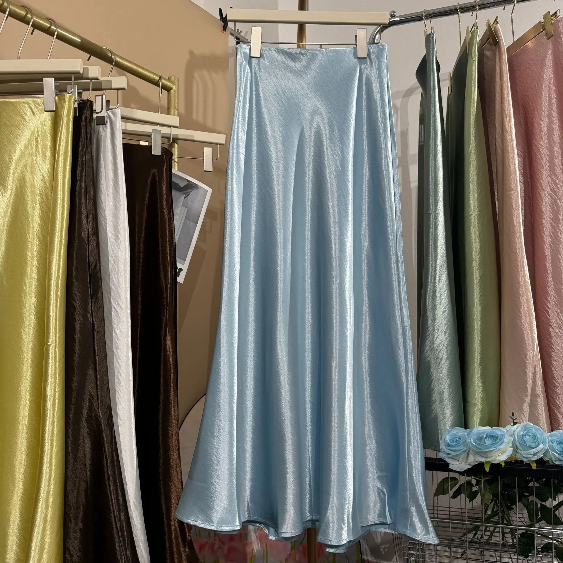 19 Colors 2026 New In Women Spring Summer Gloss Satin Long Skirts Female Fashion Elegant High Waist Faldas
