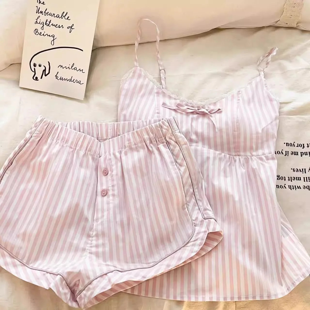 Pink sweet girl striped bow tie pajama set for summer with padded cups and suspenders short pants and top for home wear Home Set
