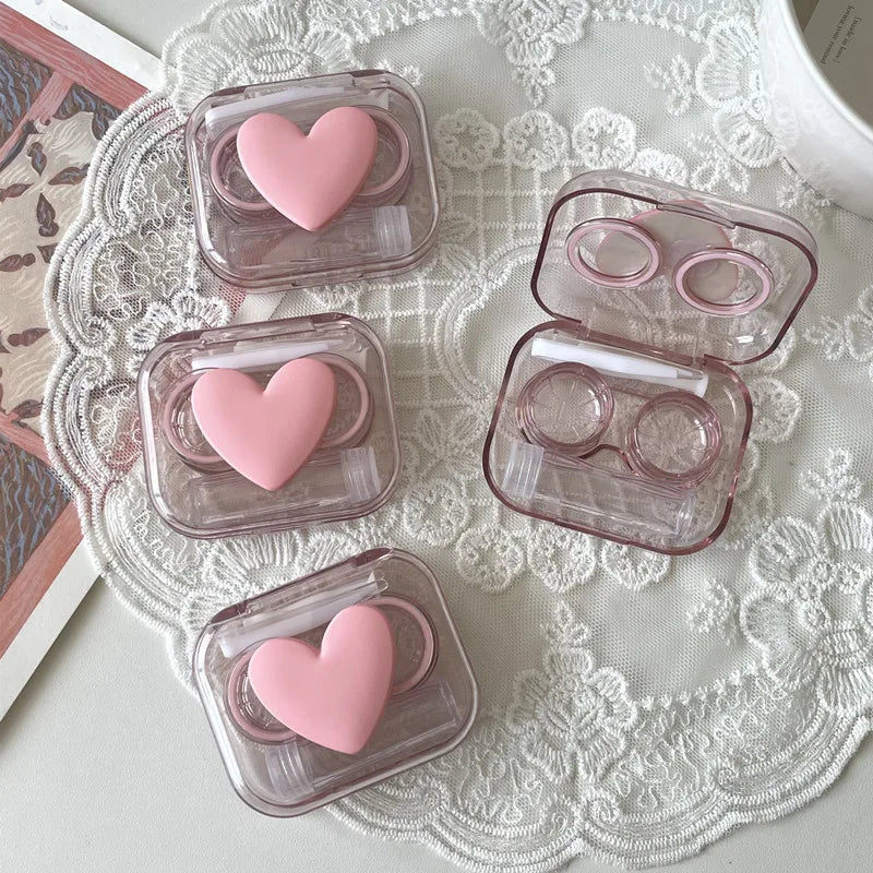 Pink Transparent Love Bow Contact Lens Case Girl Portable Beauty Pupil Box Contact Lens Cases Eye Care Tool Storage Container