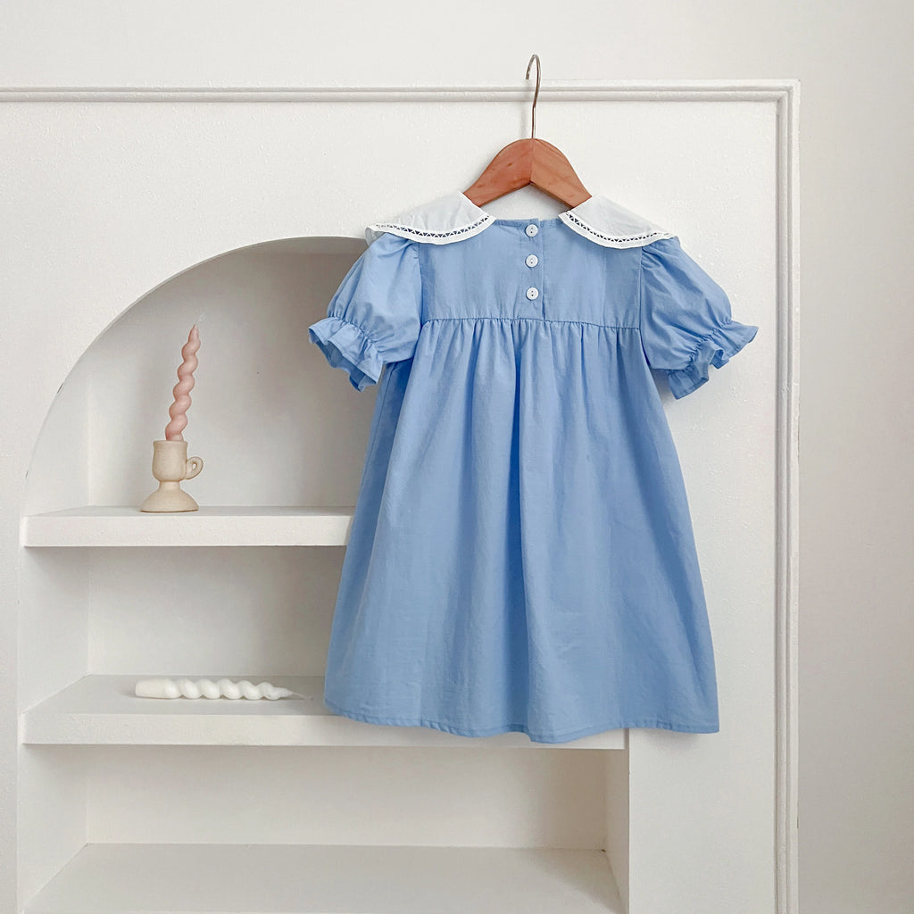 Girls Pink Princess Dresses New Summer Baby Dress Puff Sleeve Korean Style Petal Collar Toddlers Kids Cotton Cute Party Dress