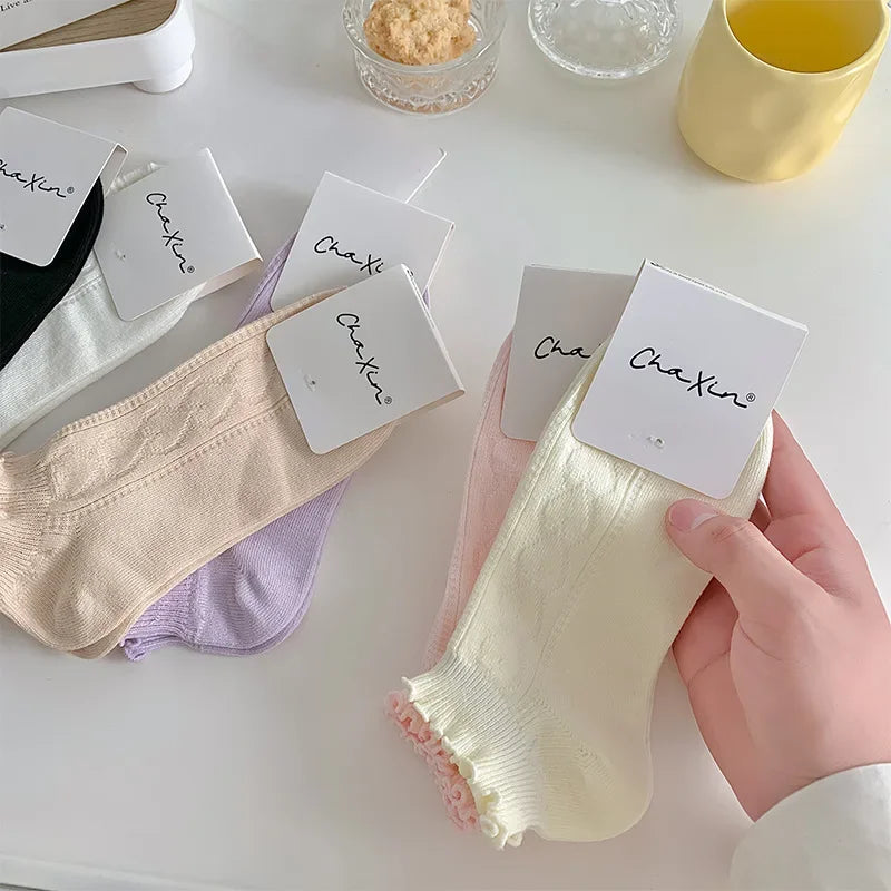 Pink Purple Women Short Socks JK Lolita Kawaii Cute Ruffle Socks Cotton Thin Breathable Low Cut Ankle Boat Socks Sox Sweet Girls