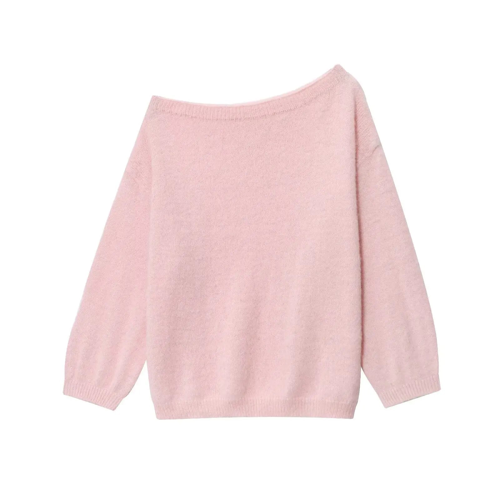Pink Loose Pullover Sweater Women Autumn New Skew Collar Long Sleeve Knitted Sweaters Sweet Casual Fashion Simple Jumpers Tops