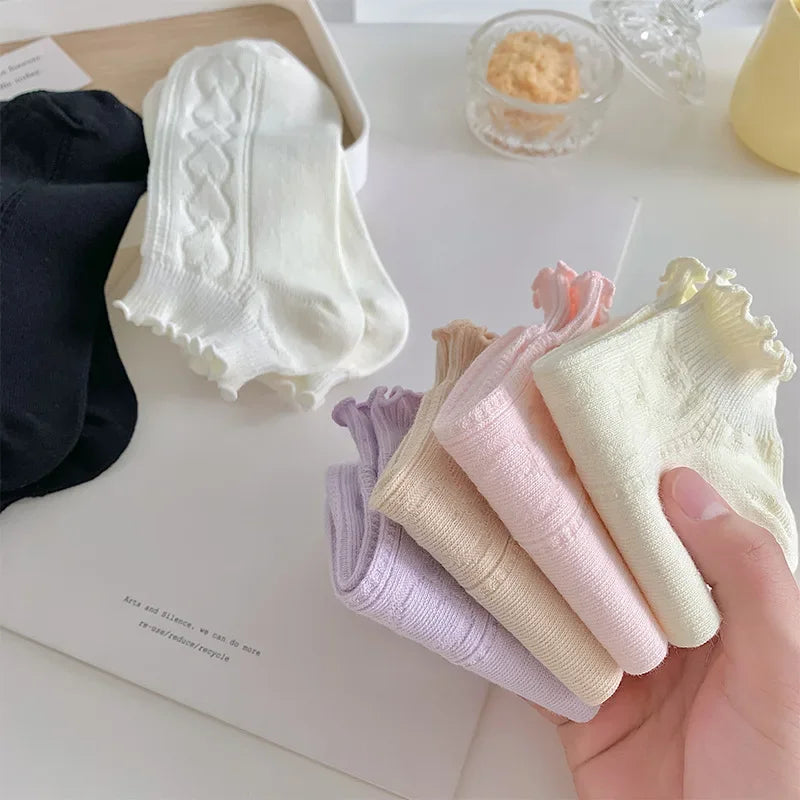 Pink Purple Women Short Socks JK Lolita Kawaii Cute Ruffle Socks Cotton Thin Breathable Low Cut Ankle Boat Socks Sox Sweet Girls