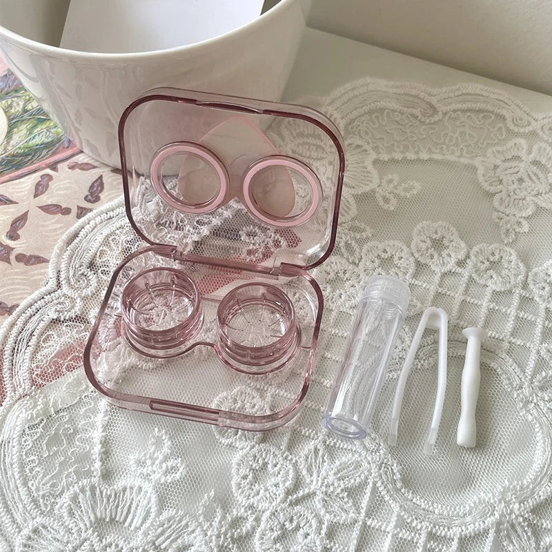 Pink Transparent Love Bow Contact Lens Case Girl Portable Beauty Pupil Box Contact Lens Cases Eye Care Tool Storage Container