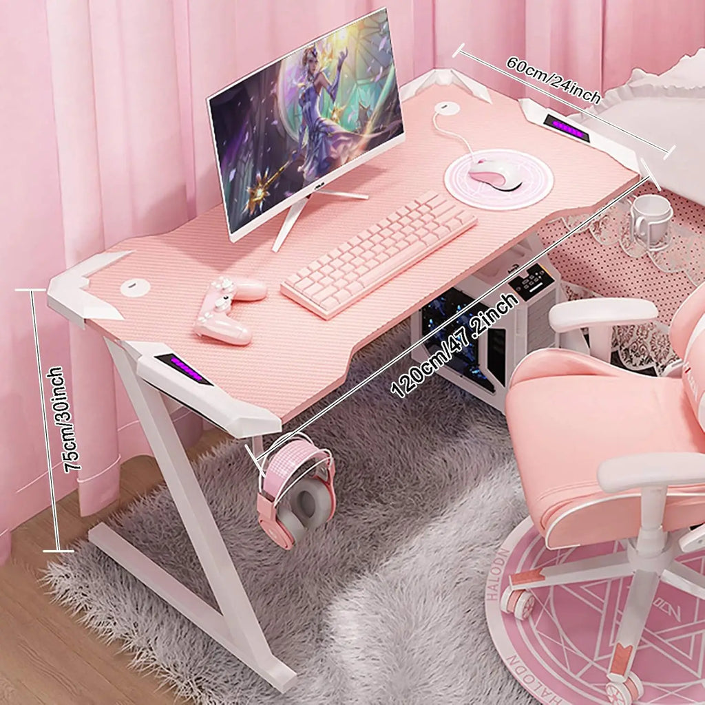 Pink Gaming Desk with LED Strip Home Office Computer Desk Ergonomic with Cup Holder for Girls Women