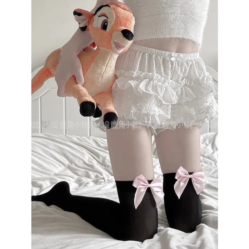 Sexy Women's Hosiery Pink Bow Stay Up Thigh High Silk Stockings Ladies Sweet JK Lolita Bowknot Long Socks Students Stockings