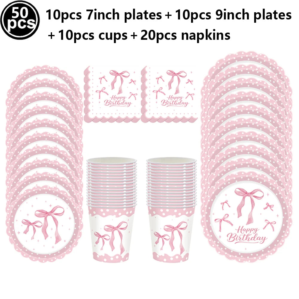 Pink Bow Birthday Party Decorations Girls Birthday Decor Banner Balloons Bow Napinks Plate Cup Pink Bow Theme Tableware Supplies