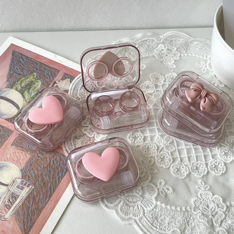 Pink Transparent Love Bow Contact Lens Case Girl Portable Beauty Pupil Box Contact Lens Cases Eye Care Tool Storage Container