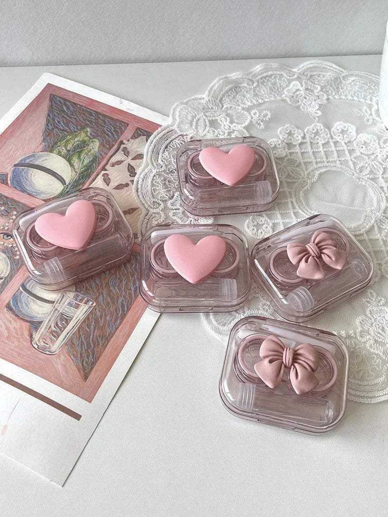Pink Transparent Love Bow Contact Lens Case Girl Portable Beauty Pupil Box Contact Lens Cases Eye Care Tool Storage Container