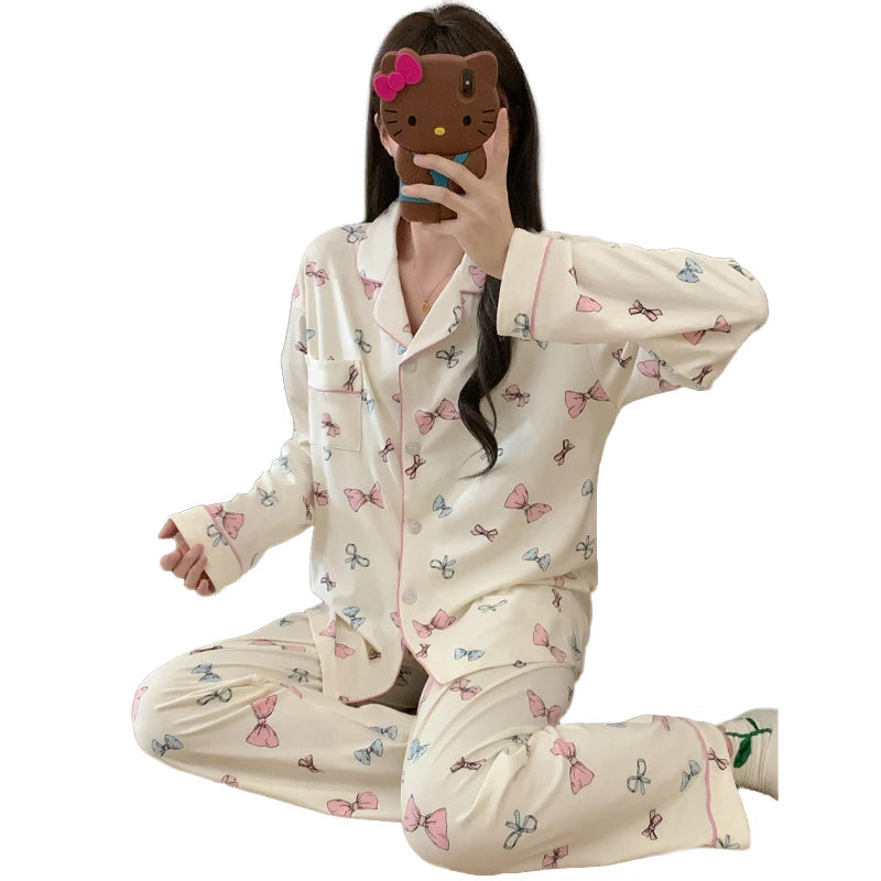 Pink Bow Dtie Design Pajamas for Women Long Sleeve Top & Elastic Waist Pants Pajamas Set Korean Style Sweet Casual New Home Wear