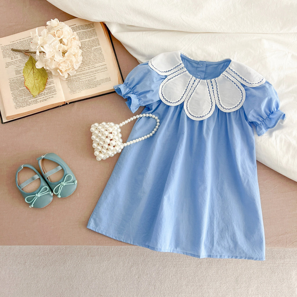 Girls Pink Princess Dresses New Summer Baby Dress Puff Sleeve Korean Style Petal Collar Toddlers Kids Cotton Cute Party Dress
