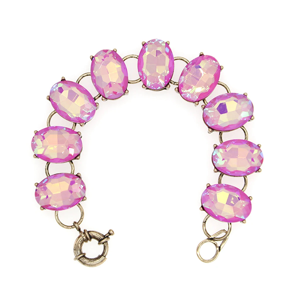 Pink AB Colored Oval Dot Crystal Bracelet Bangle Fashion Big Chunky Statement Glass Stone Jewelry for Women