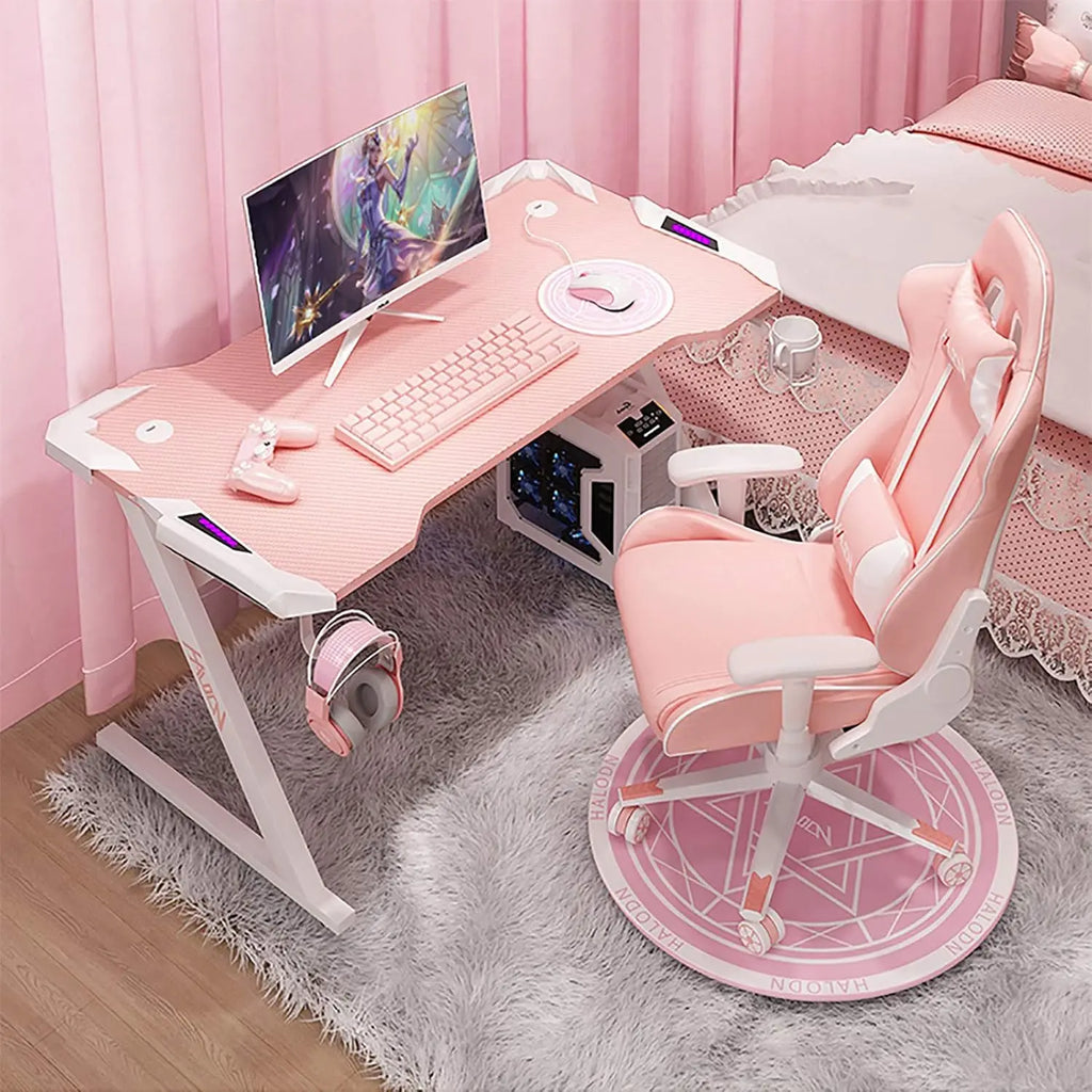 Pink Gaming Desk with LED Strip Home Office Computer Desk Ergonomic with Cup Holder for Girls Women
