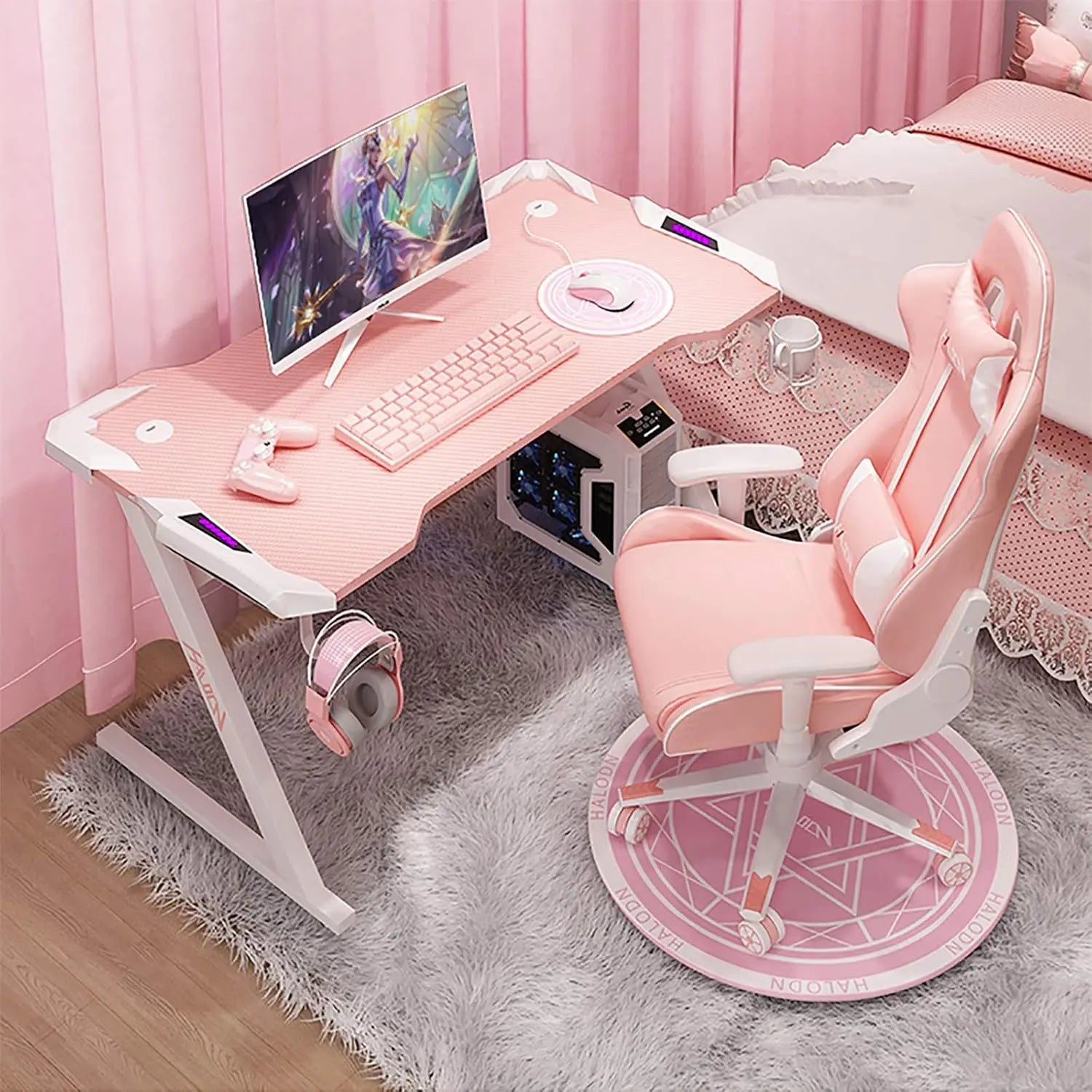Pink Gaming Desk with LED Strip Home Office Computer Desk Ergonomic with Cup Holder for Girls Women