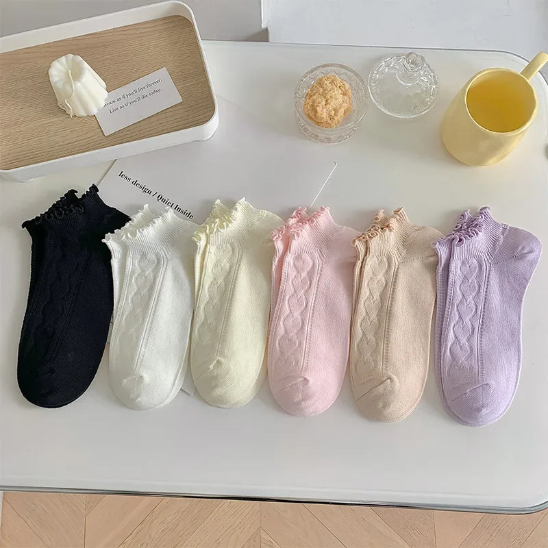 Pink Purple Women Short Socks JK Lolita Kawaii Cute Ruffle Socks Cotton Thin Breathable Low Cut Ankle Boat Socks Sox Sweet Girls