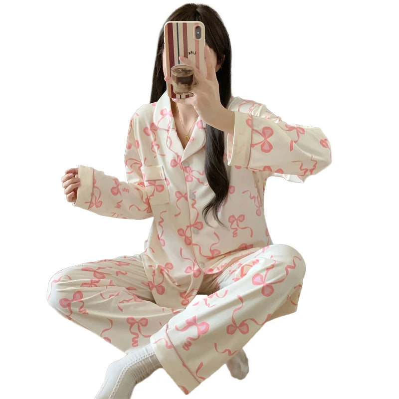 Pink Bow Dtie Design Pajamas for Women Long Sleeve Top & Elastic Waist Pants Pajamas Set Korean Style Sweet Casual New Home Wear