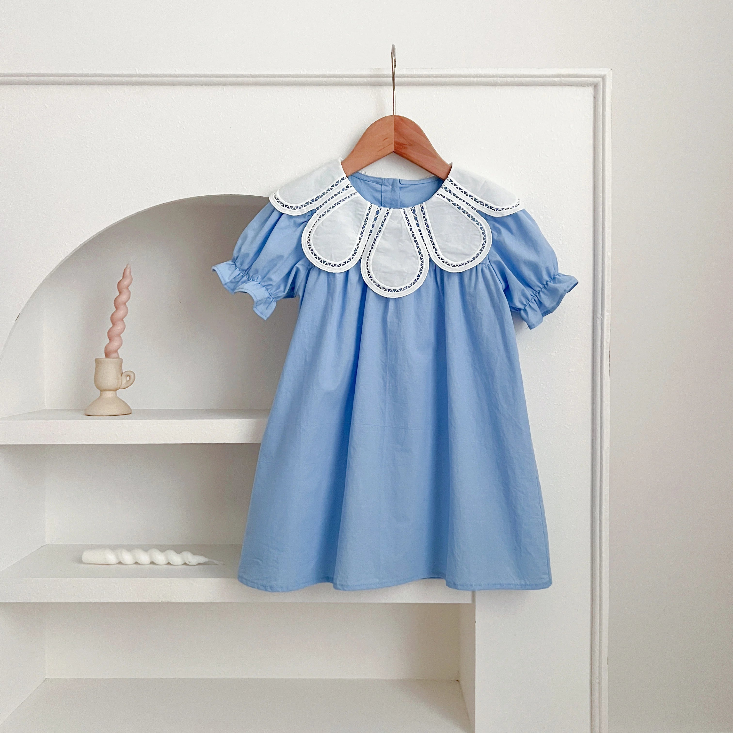Girls Pink Princess Dresses New Summer Baby Dress Puff Sleeve Korean Style Petal Collar Toddlers Kids Cotton Cute Party Dress