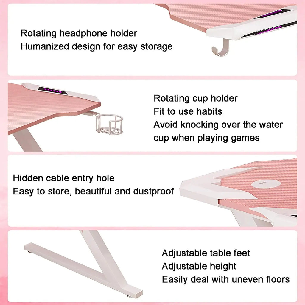 Pink Gaming Desk with LED Strip Home Office Computer Desk Ergonomic with Cup Holder for Girls Women