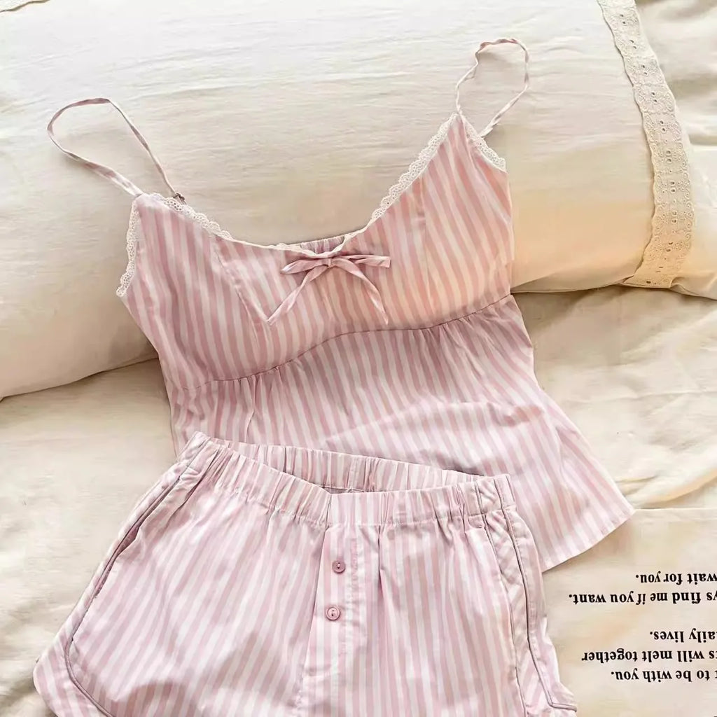 Pink sweet girl striped bow tie pajama set for summer with padded cups and suspenders short pants and top for home wear Home Set