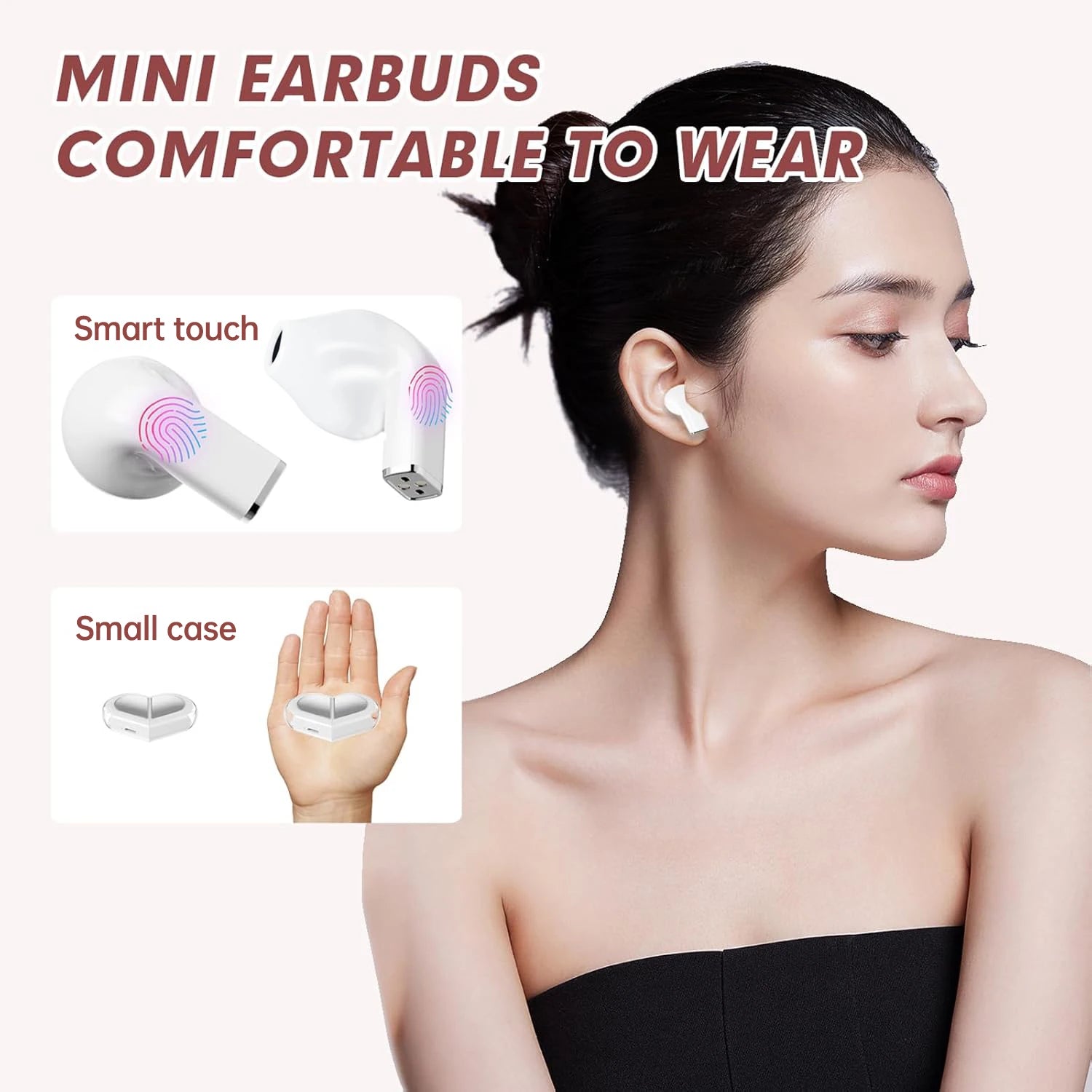 Pink Heart Wireless Earbuds for Girls Cute Small Earphones Hifi Stereo Sound Bluetooth Headsets Touch Control Gaming Handphones