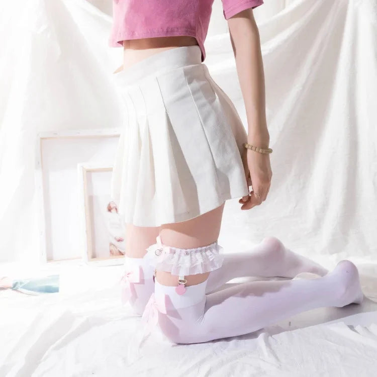 Sexy Women's Hosiery Pink Bow Stay Up Thigh High Silk Stockings Ladies Sweet JK Lolita Bowknot Long Socks Students Stockings