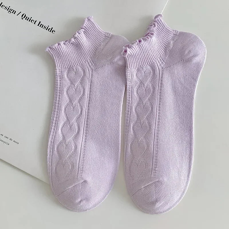 Pink Purple Women Short Socks JK Lolita Kawaii Cute Ruffle Socks Cotton Thin Breathable Low Cut Ankle Boat Socks Sox Sweet Girls