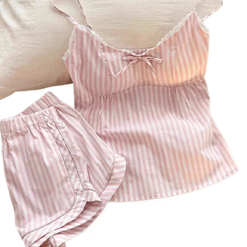 Pink sweet girl striped bow tie pajama set for summer with padded cups and suspenders short pants and top for home wear Home Set