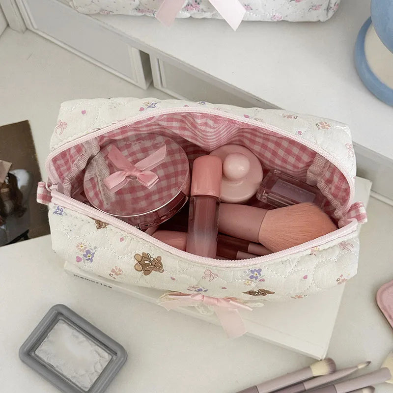 Pink Rose Sweetheart Cosmetic  Storage Bag Aesthetic Cute Lace Trim Makeup Pouch Large Capacity Vintage Cosmetic Organizer Bags