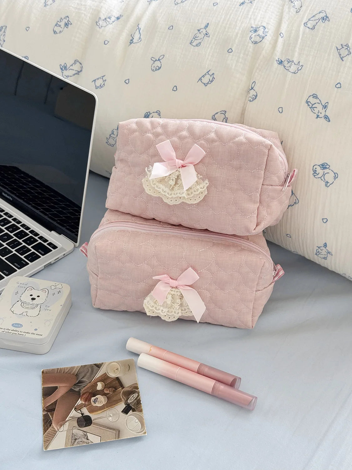 Pink Rose Sweetheart Cosmetic  Storage Bag Aesthetic Cute Lace Trim Makeup Pouch Large Capacity Vintage Cosmetic Organizer Bags