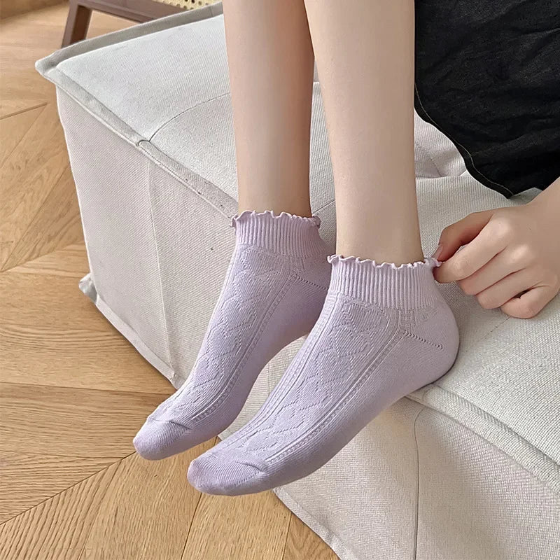 Pink Purple Women Short Socks JK Lolita Kawaii Cute Ruffle Socks Cotton Thin Breathable Low Cut Ankle Boat Socks Sox Sweet Girls