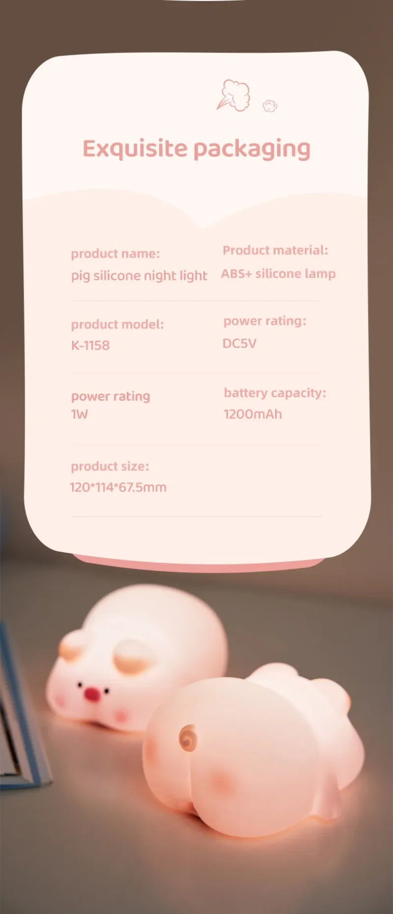 Pink Piggy Night Light Cute Silicone Night Light LED Pat Lamp Room Decoration USB Charging Indoor Atmosphere Lamp Children Gift