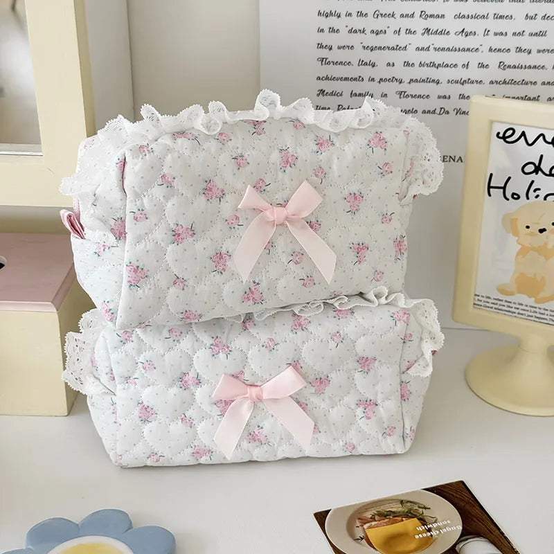Pink Rose Sweetheart Cosmetic  Storage Bag Aesthetic Cute Lace Trim Makeup Pouch Large Capacity Vintage Cosmetic Organizer Bags