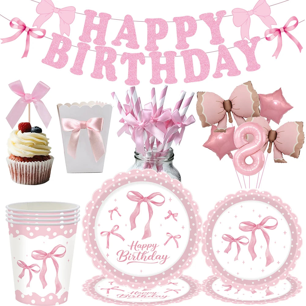Pink Bow Birthday Party Decorations Girls Birthday Decor Banner Balloons Bow Napinks Plate Cup Pink Bow Theme Tableware Supplies