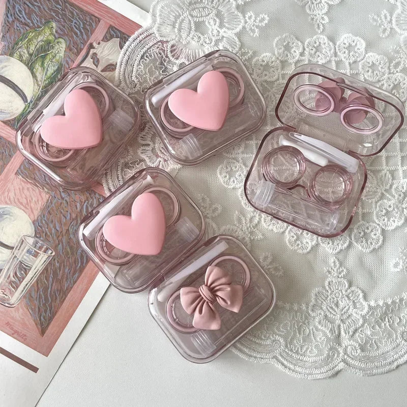 Pink Transparent Love Bow Contact Lens Case Girl Portable Beauty Pupil Box Contact Lens Cases Eye Care Tool Storage Container