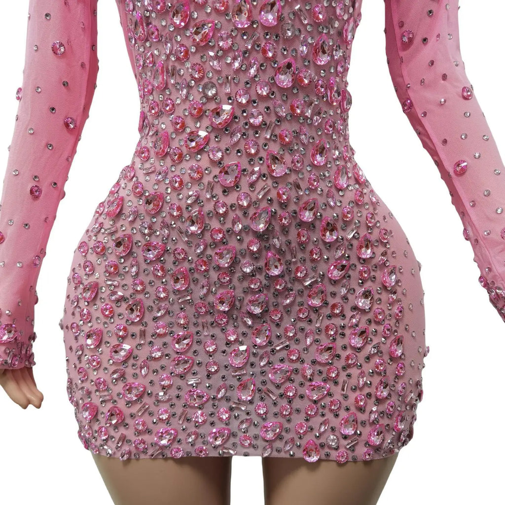 Sexy Dance Pink Dress Performance Sparkly Pink Rhinestones Dress Women Evening Birthday Celebrate Party Outfit 2025 Cuixing