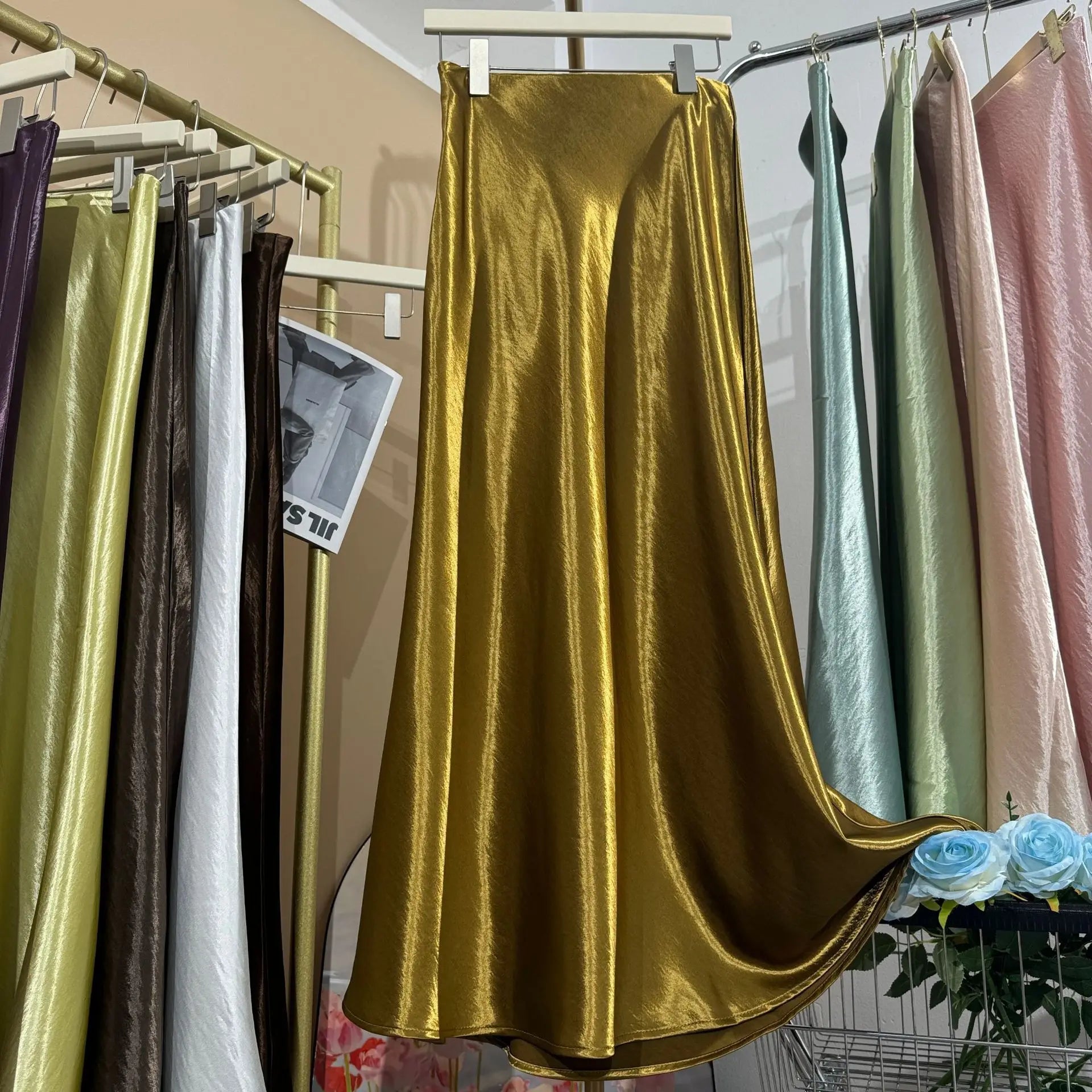 19 Colors 2026 New In Women Spring Summer Gloss Satin Long Skirts Female Fashion Elegant High Waist Faldas